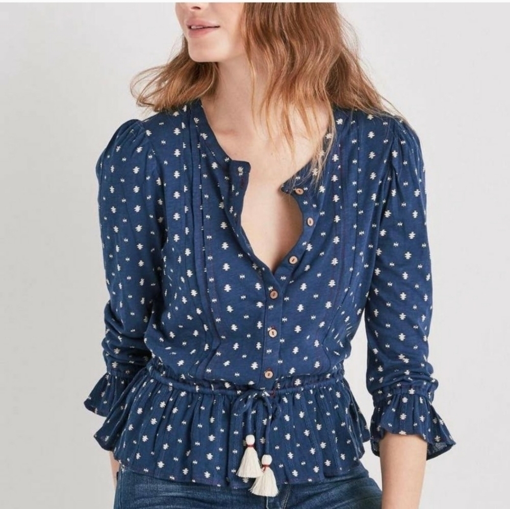 Lucky Brand Boho Tie Waist Tassel Top Peblum Pintuck Prairie Southwest Print XS